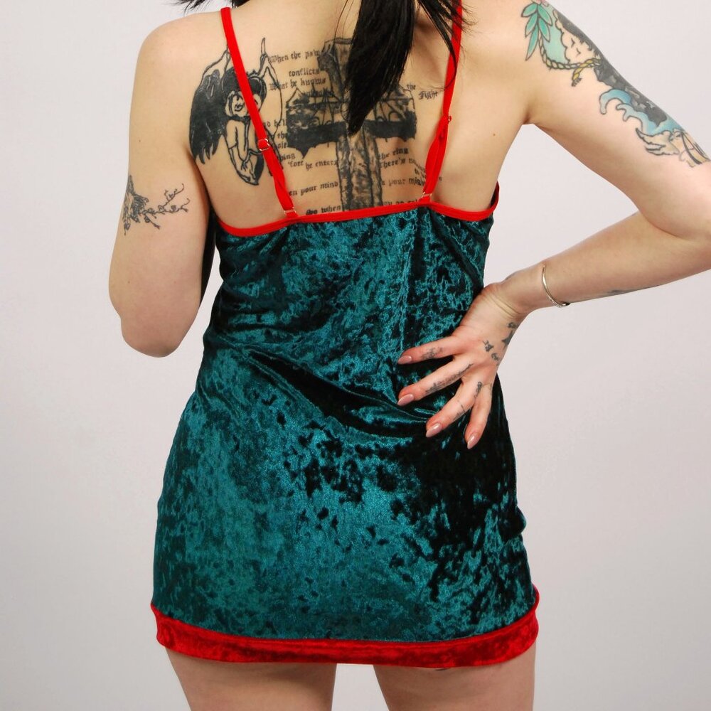 Y2K Velvet Bodycon Mini Dress (XS) green red vintage holiday christmas sexy slip - Picture 6 of 7